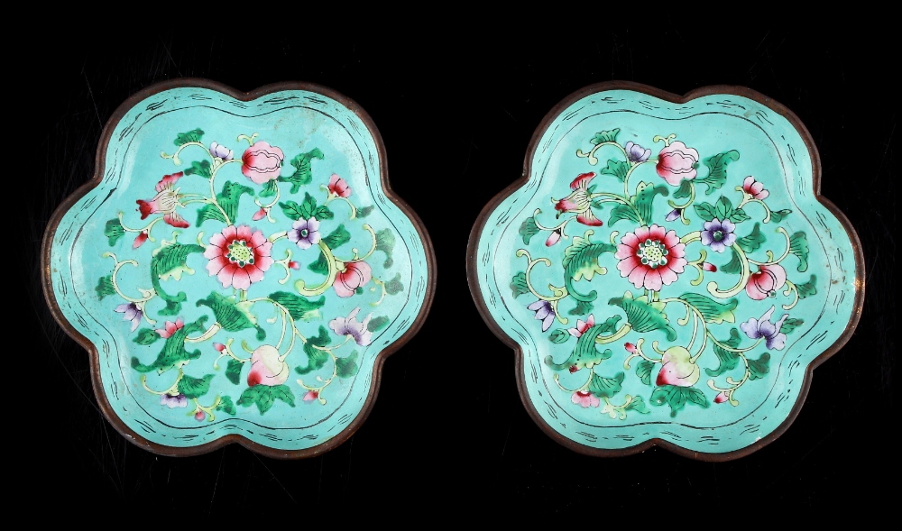 Property of a gentleman - a pair of Chinese Canton enamel hexafoil dishes, late 19th / early 20th