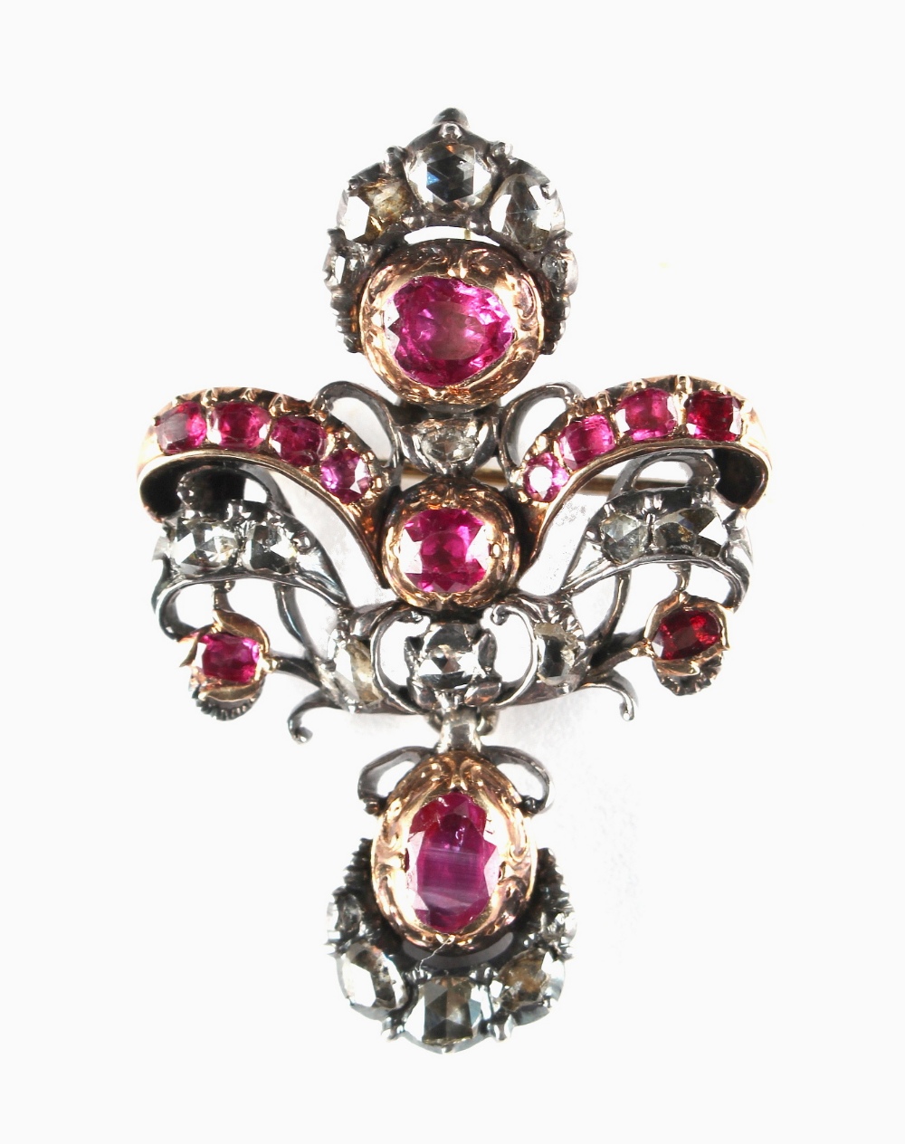 A good Georgian ruby & diamond pendant or brooch, circa 1770, set with thirteen certificated