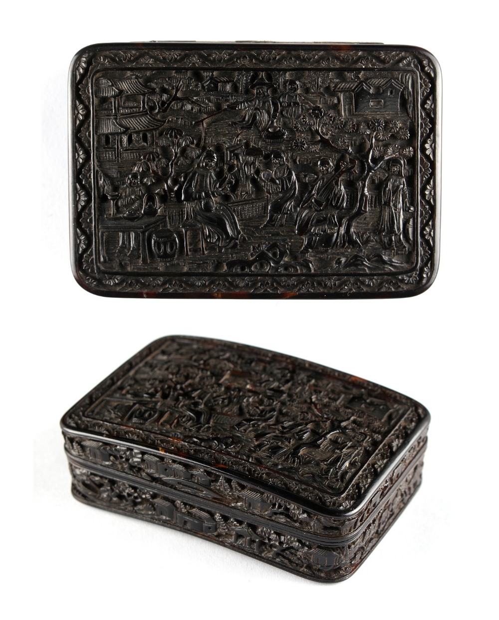 A 19th century Chinese carved tortoiseshell rectangular box, of slightly domed form, carved with