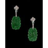 A pair of Chinese carved jadeite & diamond pendant earrings, the apple green jadeite plaques each