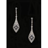 A pair of Belle Epoque style sapphire & diamond pendant drop earrings, for pierced ears, each with