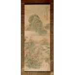 A Chinese scroll painting on silk, late 19th century, depicting two figures in a mountainous
