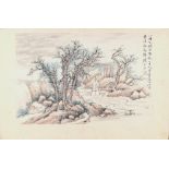 A Chinese painting on paper depicting a river landscape, early 20th century, with calligraphy &