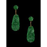 A pair of Chinese carved jadeite pendant earrings, in 18ct yellow gold mounts, each with carved