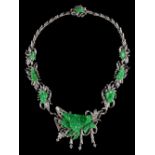 A good Chinese 14ct white gold carved jadeite & diamond necklace with detachable brooch, with