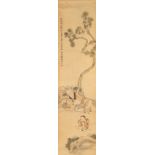 An early 20th century Chinese scroll painting on paper depicting a scholar resting by rocks