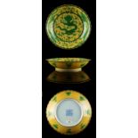 Property of a gentleman - a Chinese yellow ground dragon dish, the interior painted with three green