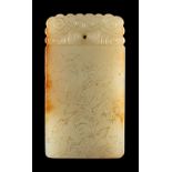 A Chinese pale celadon & russet jade rectangular plaque, carved to one side with nine birds, the