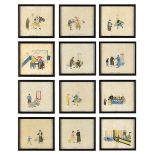 A set of twelve Chinese paintings on rice paper depicting street medicine practices, late 19th /