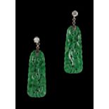 A pair of Chinese carved & pierced jadeite pendant earrings, the certificated untreated jadeite
