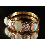 A late Victorian 18ct yellow gold opal & diamond five stone ring, with three oval opals