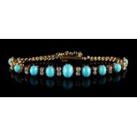 A Victorian 18ct yellow gold turquoise & diamond bracelet, circa 1890, with oval graduated turquoise