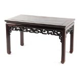 A late 19th century Chinese hongmu rectangular topped kang table, with carved & pierced frieze, 36.