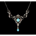 A Belle Epoque style diamond & turquoise open work foliate necklace, the centre section 1.85ins. (