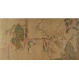 An unusual Chinese painting on silk depicting five ladies & a child in a garden with a ball, 18th