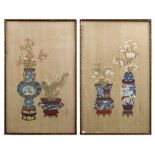 A pair of early 20th century Chinese Republic period paintings on silk depicting flowers in