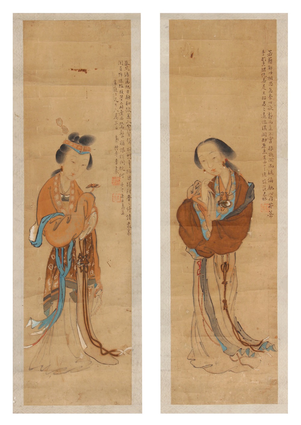 A pair of late 19th century Chinese scroll paintings on paper depicting standing figures, with