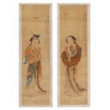 A pair of late 19th century Chinese scroll paintings on paper depicting standing figures, with