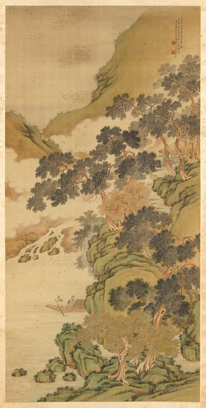 A good Chinese scroll painting on silk depicting a mountainous landscape with three figures in a