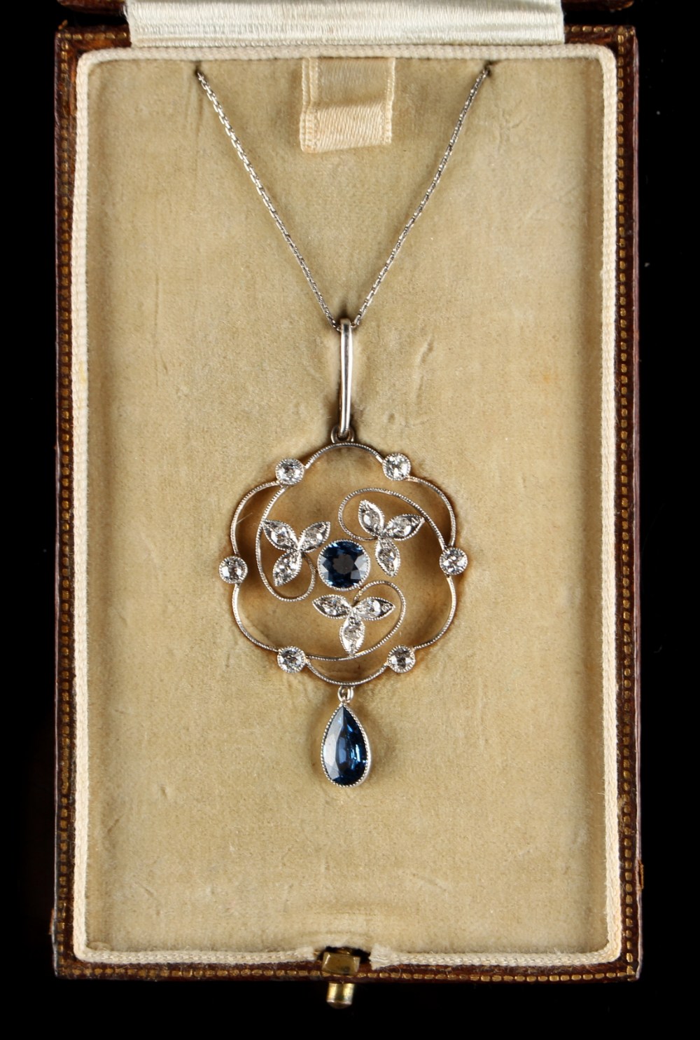 An early 20th century Belle Epoque sapphire & diamond floral open work pendant on later chain, the - Image 2 of 2