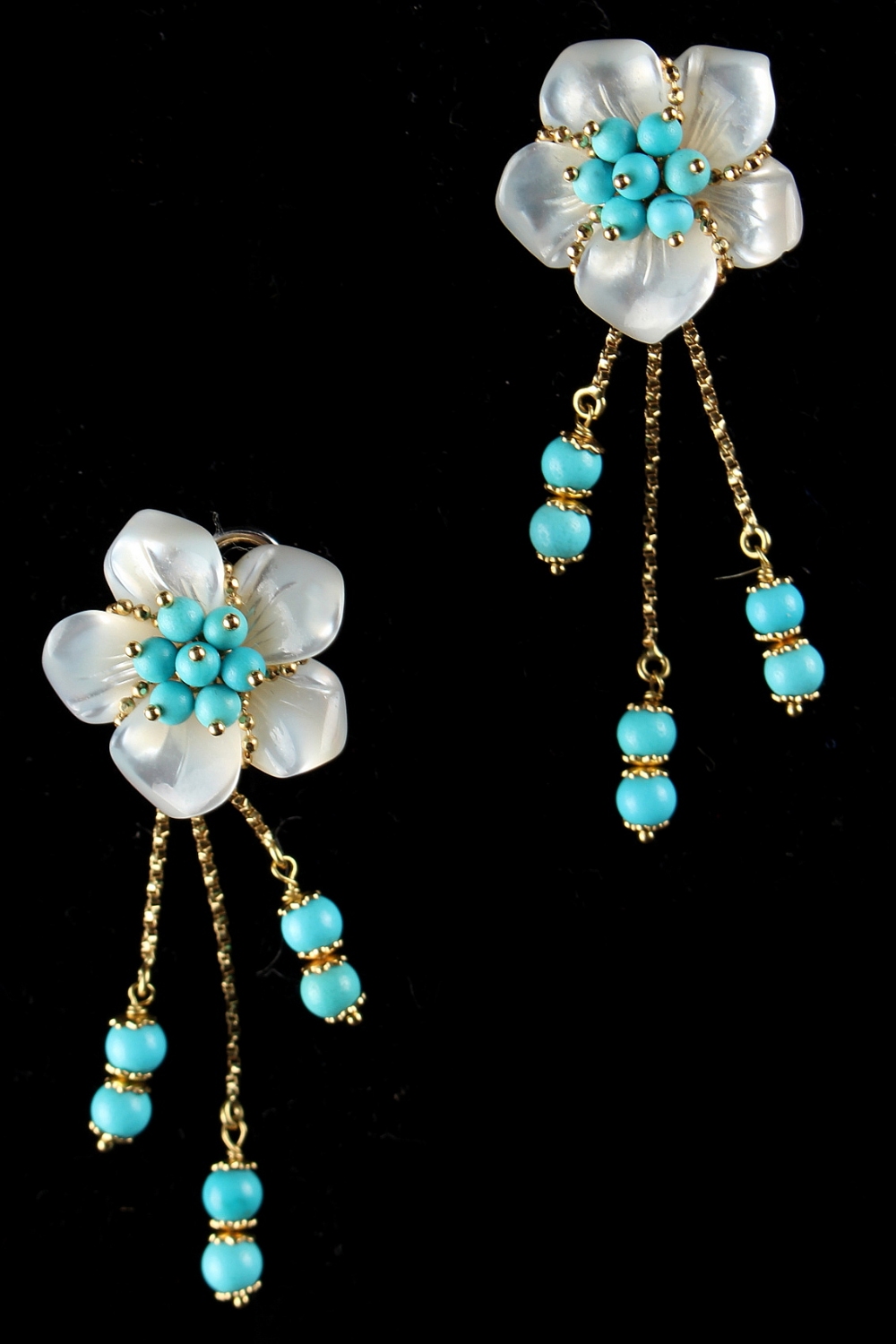 A pair of Italian 18ct yellow gold rock crystal & turquoise tasselled floral earrings, with clip &