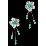 A pair of Italian 18ct yellow gold rock crystal & turquoise tasselled floral earrings, with clip &