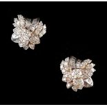 Property of a lady - a pair of diamond floral stud earrings, set with baguette & round cut diamonds,