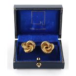 Property of a lady - a pair of modern 18ct yellow gold knot earrings, with clip & post fastenings,