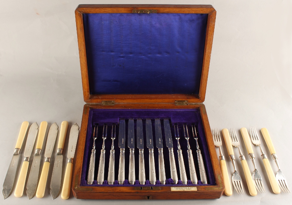 Property of a lady - a set of six each Edwardian silver fruit knives & forks, George Howson,