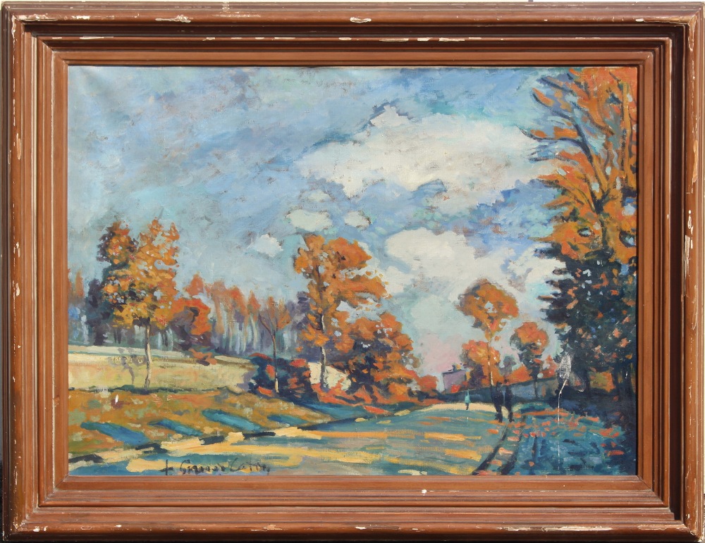 Continental school, mid 20th century - LANDSCAPE WITH FIGURES IN LANE - oil on canvas, 23.5 by 31.