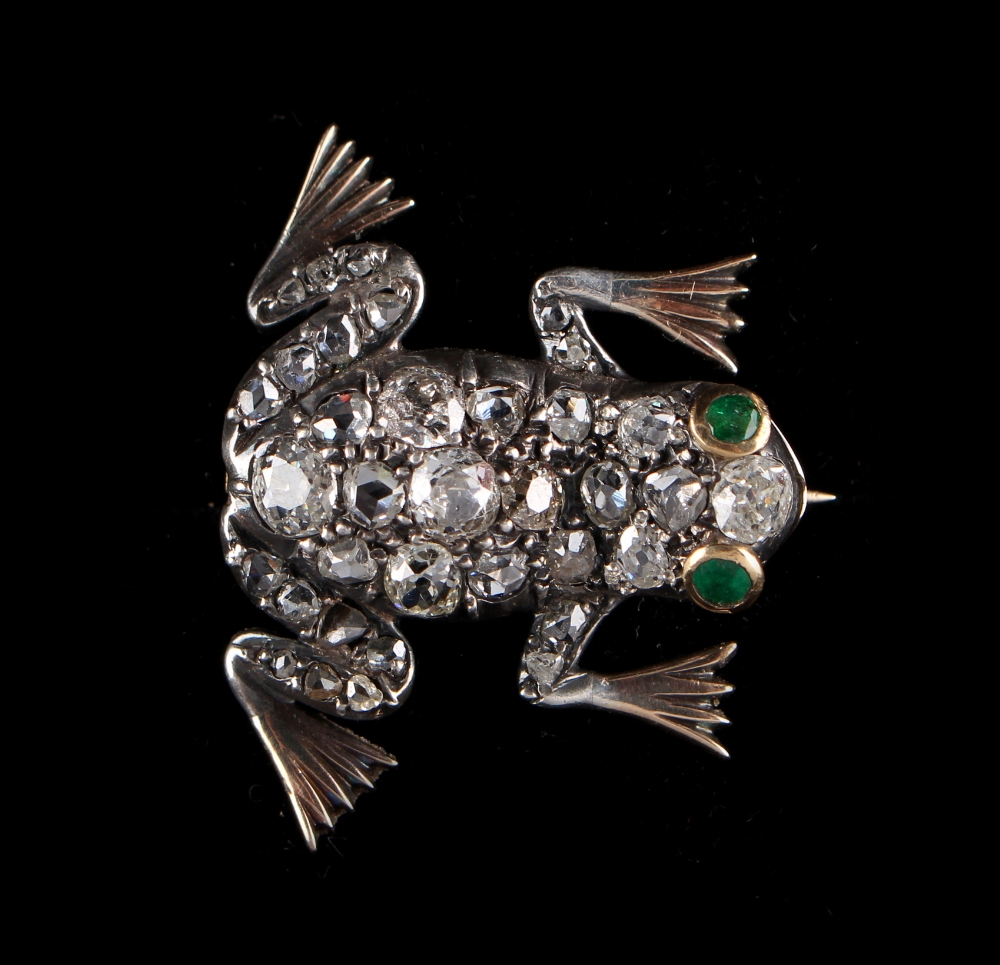 A 19th century yellow gold diamond frog brooch, with Old European cut diamonds & round cut emerald