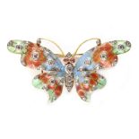 An 18ct yellow gold plique a jour & diamond butterfly brooch, the pale blue, dusky pink & pale green