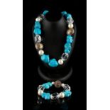 Property of a gentleman - a modern silver turquoise & glass bead necklace and matching bracelet,