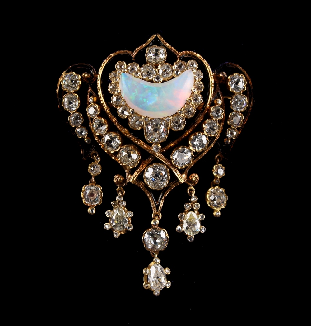 An impressive 19th century opal & diamond tasselled brooch, set with Old European and pear shaped