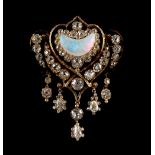 An impressive 19th century opal & diamond tasselled brooch, set with Old European and pear shaped
