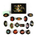Property of a deceased estate - a collection of fifteen Russian painted lacquer brooches, mostly