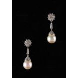 A pair of 18ct white gold pearl & diamond pendant earrings, for pierced ears, each with a single
