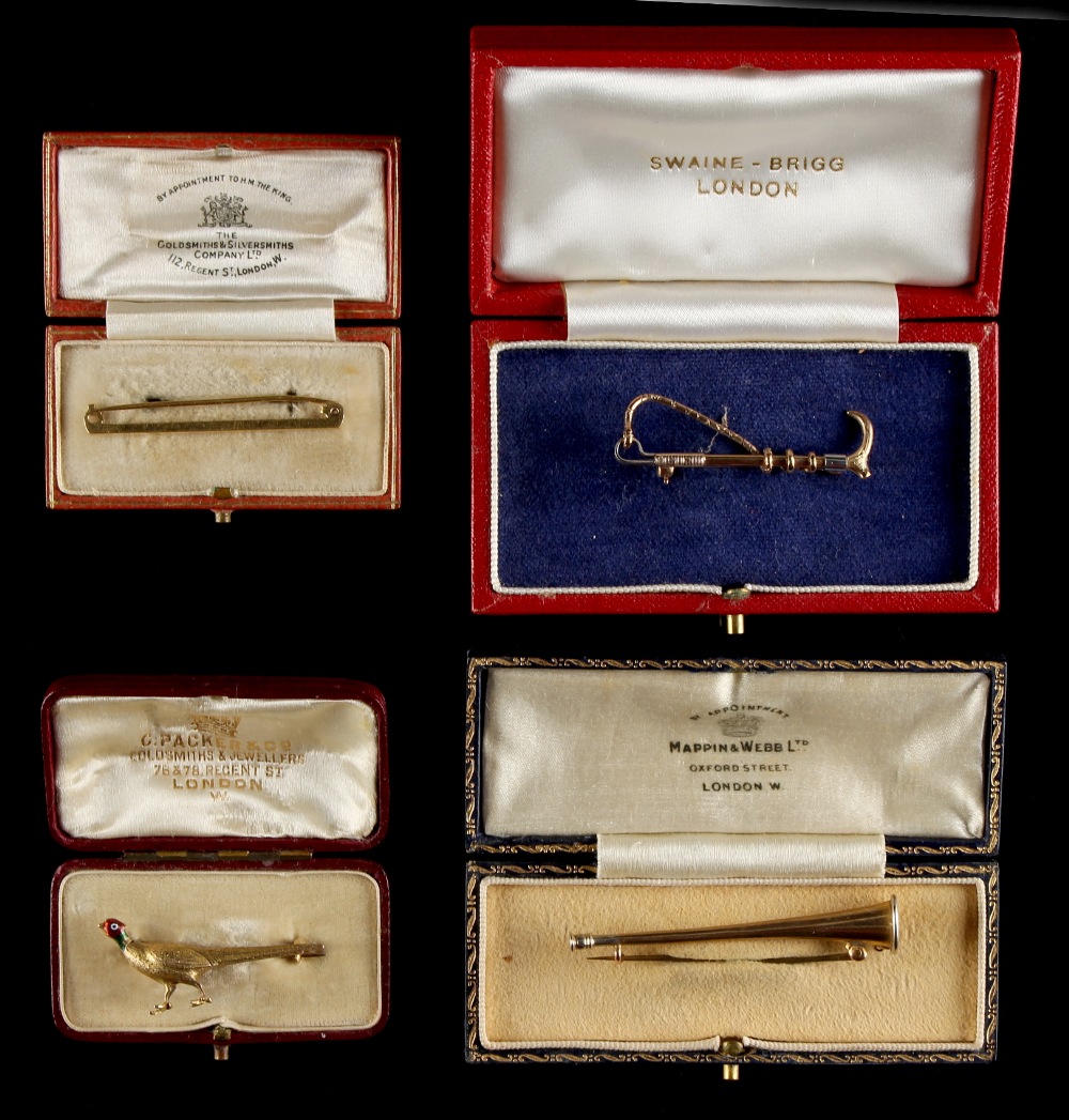 Property of a lady - four boxed gold bar brooches or stock pins, comprising a 9ct gold & enamel