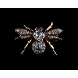 A late 19th century unmarked yellow gold aquamarine, diamond & ruby fly brooch, 0.95ins. (2.4cms.)