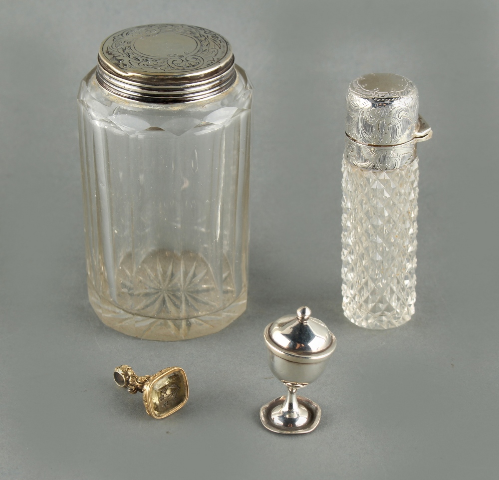 Property of a lady - a bag containing assorted items including a Victorian silver topped cut glass