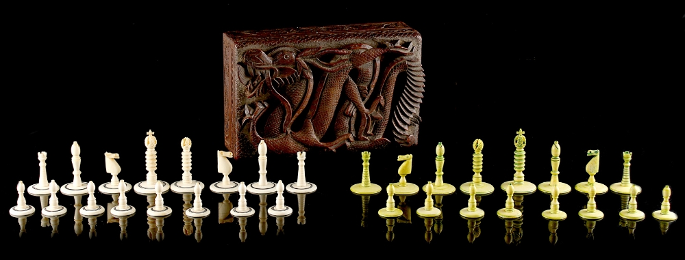 A private collection of chess sets - a washed green stained & natural bone chess set, the kings 2.