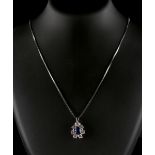A platinum sapphire & diamond pendant, on 9ct white gold box link chain necklace, the pear shaped
