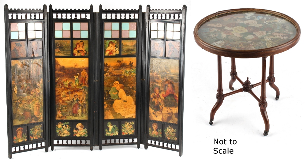 Property of a lady - a late 19th / early 20th century ebonised four-fold scrap screen with