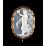 A 19th century carved hardstone cameo brooch depicting a classical standing female figure, the