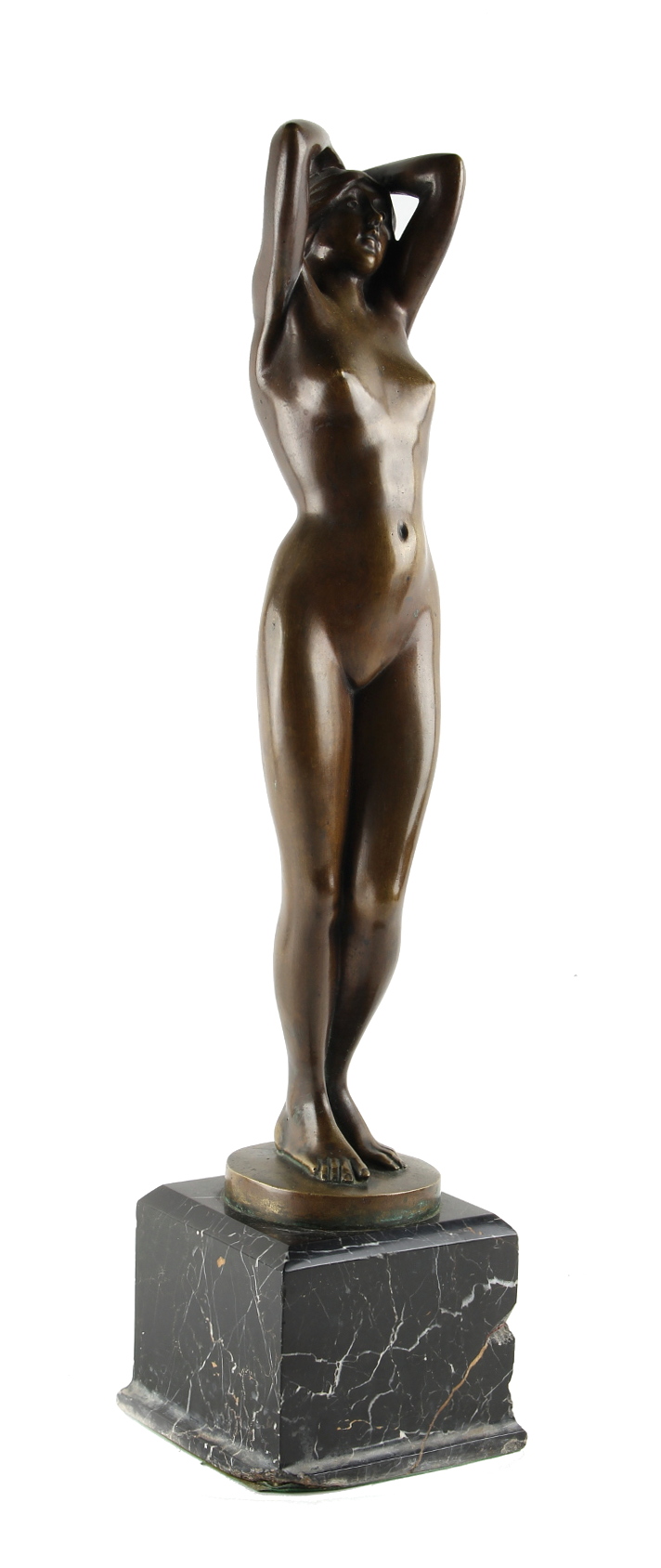 Property of a gentleman - an early 20th century patinated bronze figure of a standing female nude,