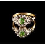An early Victorian unmarked yellow gold green garnet & diamond flowerhead cluster ring, with