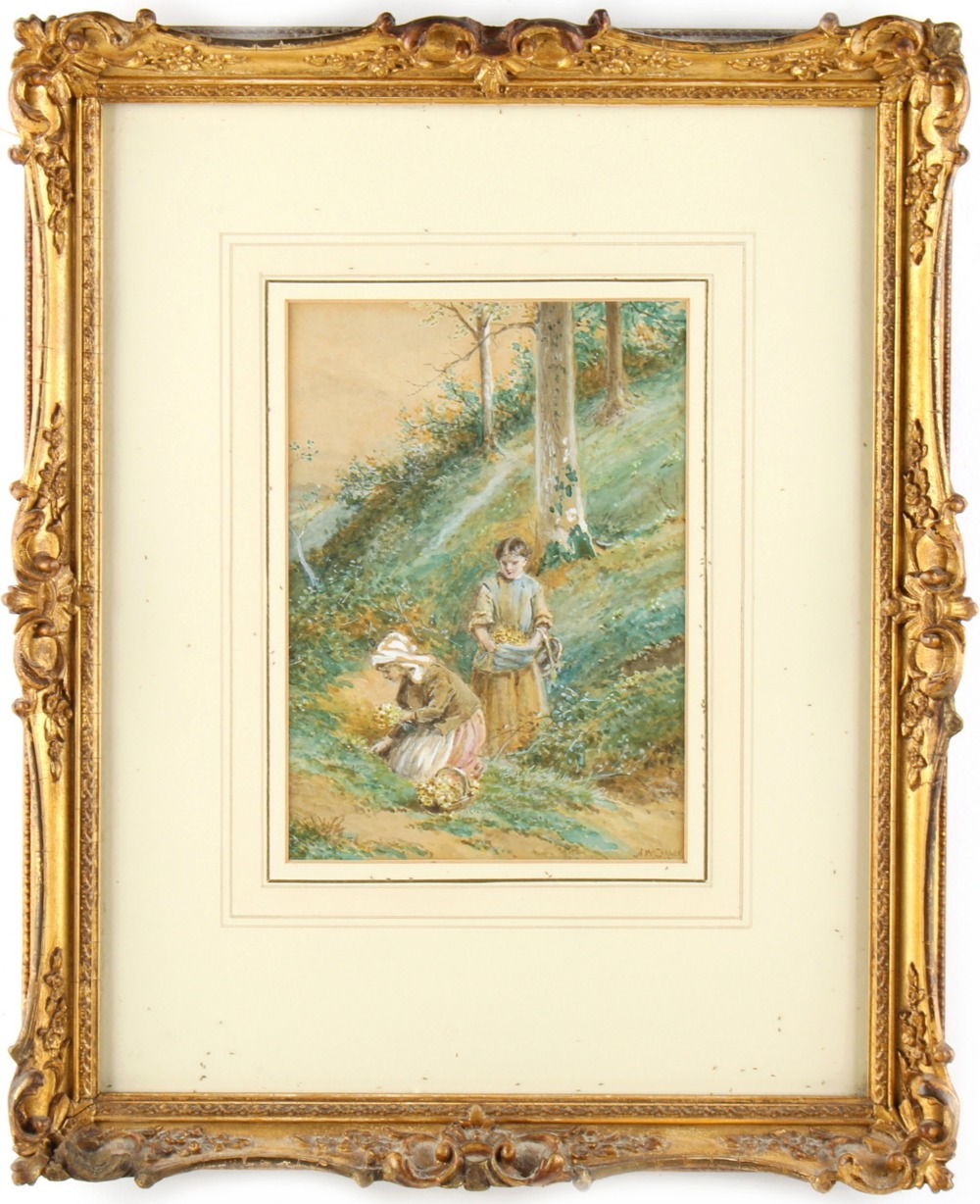Property of a gentleman - A.W. Cooper (exh.1880-1901) - TWO GIRLS PICKING PRIMROSES - watercolour,