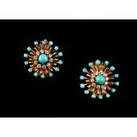 A pair of yellow gold turquoise & diamond flowerhead or sunburst earrings, with clip & post