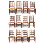 Property of a lady - a harlequin set of twelve 19th century Lancashire fruitwood & rush seated
