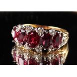 A good yellow gold certificated untreated Thai ruby five stone ring, the five graduated oval cut